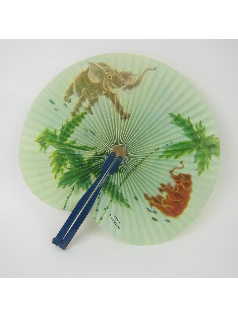 Vintage Hand Fan Elephants & Green Trees 10" Paper Folding Hand Fan 1960s China